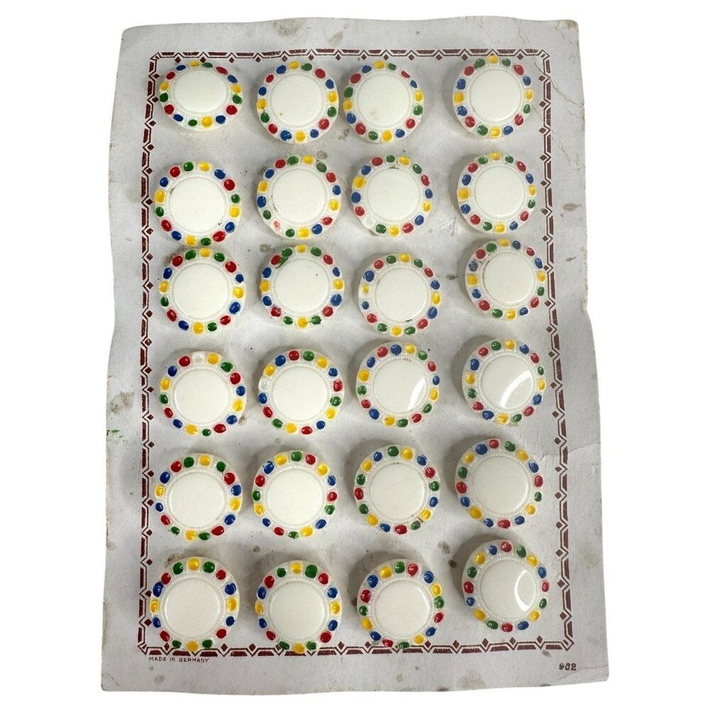 VTG 24 German Shank Buttons Hand Painted Dots White Original Card Sewing Germany